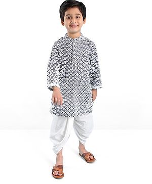 Babyhug 100% Cambric Full Sleeve Printed Kurta With Solid Dhoti Set - Blue & White