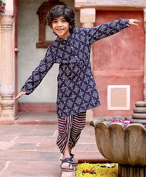 Babyhug 100% Cotton Full Sleeves Kurta & Dhoti Set Ethnic Print - Blue