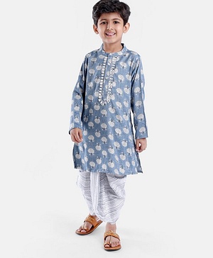 Babyhug 100% Cotton Full Sleeves Floral Print Embroidered Kurta & Dhoti Set - Blue