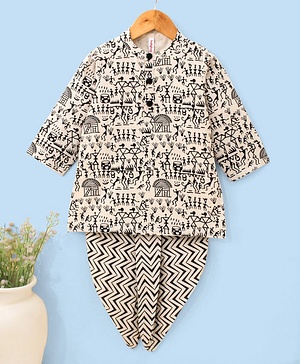 Babyhug Cotton Flex Full Sleeves Printed Kurta & Dhoti - Off White