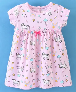Baby Naturelle & Me Cotton Knit Short Sleeves Frock with Bow Applique Unicorn Print - Pink