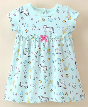 Baby Naturelle & Me Cotton Knit Short Sleeves Frock with Bow Applique Unicorn Print - Green