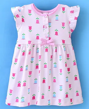 Baby Naturelle & Me Cotton Knit Short Sleeves Frock with Bow Applique Floral Print - Pink