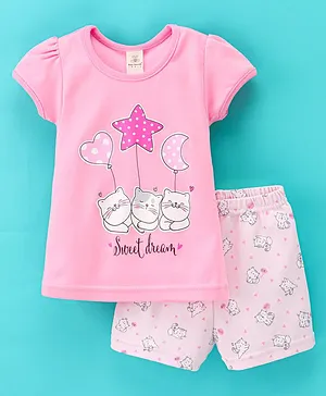 Baby Naturelle & Me Cotton Short Sleeves Night Suit Kitten Print - Pink