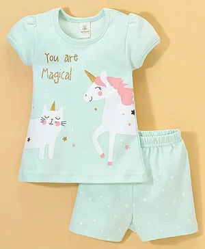 Baby Naturelle & Me Cotton Short Sleeves  Night Suit Unicorn & Kitty Print- Green