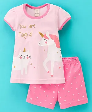 Baby Naturelle & Me Cotton Short Sleeves  Night Suit Unicorn & Kitty Print- Pink