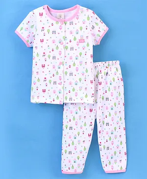 Baby Naturelle & Me Cotton Half Sleeves Night Suit House Print- White