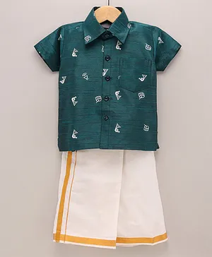 Dapper Dudes Half Sleeves All Over Musical Instrument Printed Shirt With Mundu - Peacock Green
