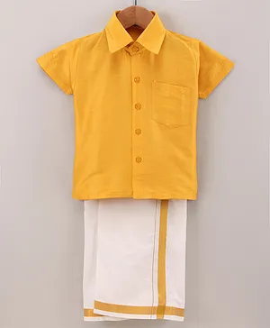 Dapper Dudes Half Sleeves Solid Shirt With Mundu - Yellow