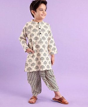 Babyhug 100% Cotton Full Sleeves Printed Kurta & Dhoti Set - OffWhite