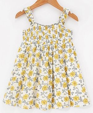Babyhug 100% Cotton Singlet Sleeves Full Length Ethnic Dress Floral Print - White