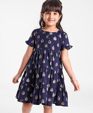 Babyhug 100% Cotton Short Sleeves Foil Printed Ethnic Dress - Navy Blue