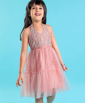 Babyhug Sleeveless Floral Embroidered Halter Neck Ethnic Dress - Pink