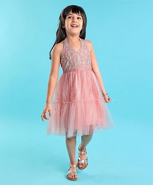 Babyhug Sleeveless Floral Embroidered Halter Neck Ethnic Dress - Pink