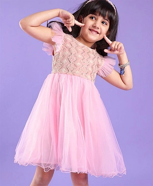 Babyhug Ruffle Sleeves Ethnic Dress Embroidered and Sequin Detailing - Pink