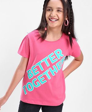 Pine Kids 100% Cotton Half Sleeves Bio-Washed T-Shirt Text Print - Pink