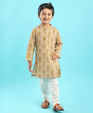 Babyhug 100% Cotton Kurta With Payjama Set Floral Print - Beige