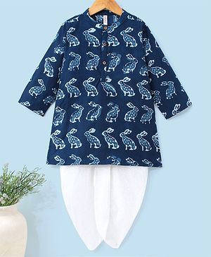 Babyhug 100% Cotton Kurta With Dhoti Set Bunny Print - Indigo