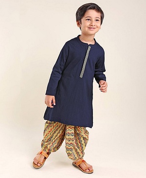Babyhug 100% Cotton Dobby Full Sleeves Embroidered Kurta With Chevron Printed Dhoti Set - Navy Blue
