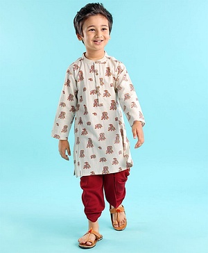 Babyhug 100% Cotton Full Sleeves Flex Elephant Printed Kurta With Dhoti Set - Beige