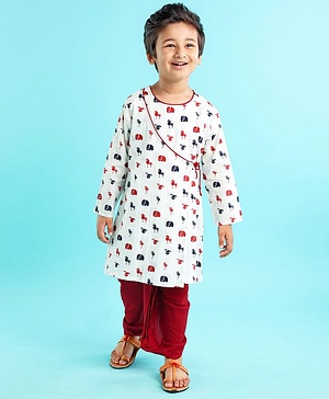 Babyoye 100% Cotton Full Sleeves Kurta & Dhoti Set Elephant & Horse Print - White & Maroon Babyoye 100% Cotton Full Sleeves Kurta & Dhoti Set Elephant & Horse Print - White & Maroon