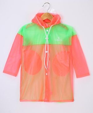 Clownfish Full Sleeves Color Block Hooded Raincoat - Orange & Green