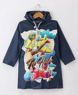 Clownfish Full Sleeves Hooded Raincoat Fly High Cartoon Print - Navy Blue