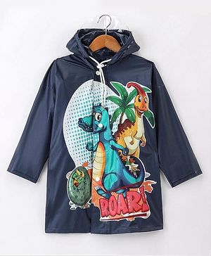 Clownfish Full Sleeves Hooded Raincoat Dino Print - Navy Blue