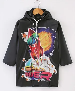 Clownfish Full Sleeves Hooded Raincoat Space Rider Cartoon Print - Black
