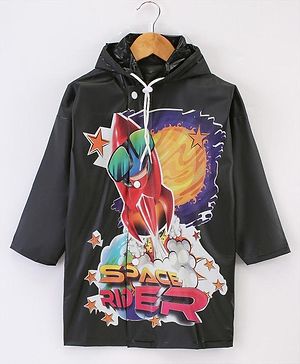 Clownfish Full Sleeves Hooded Raincoat Space Rider Cartoon Print - Black