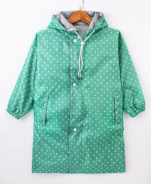 Clownfish Full Sleeves Hooded Raincoat Polka Dots Print - Pistachio Green