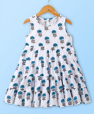 Babyhug 100% Cotton Woven Sleeveless Ethnic Dress with Sequin & Floral Print - White