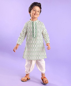 Babyhug 100% Cotton Full Sleeves Kurta & Laheriya Dhoti Set Floral Embroidery & Diamond Print - Cream & Green