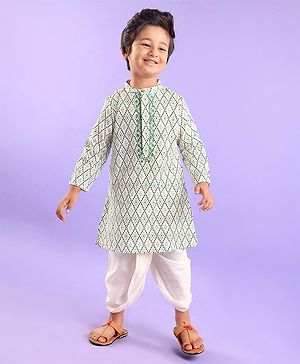 Babyhug 100% Cotton Full Sleeves Kurta & Laheriya Dhoti Set Floral Embroidery & Diamond Print - Cream & Green