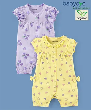 Babyoye Eco Conscious With Eco Jiva Finish 100% Organic Cotton Printed Half Sleeves Romper Heart & Floral Print Pack of 2- Yellow & Purple