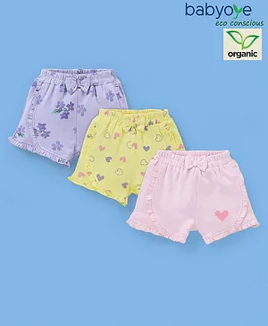 Babyoye Eco Conscious With Eco Jiva Finish 100% Organic Cotton Shorts Hearts & Floral Pack of 3- Pink & Yellow
