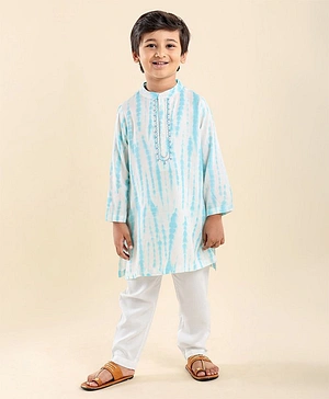 Babyhug Full Sleeves Embroidered Kurta & Pyjama Set Tie Dye Print- White & Blue