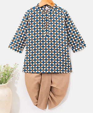 Babyhug 100% Cotton Knit Full Sleeves Kurta & Dhoti Set Angarakha Print - Blue & Brown