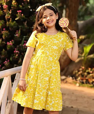 Hola Bonita Cotton Half Sleeves Knee Length Frock Floral Print With Pocket - Yellow