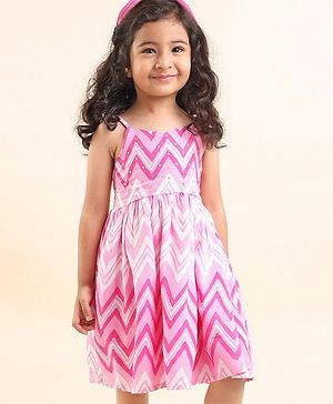 Babyhug 100% Cotton Woven Sleeveless Chevron Print Embroidered Sequins Dress - Pink