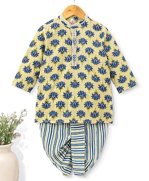 Babyhug 100% Cotton Full Sleeves Floral Print Kurta & Dhoti Set - Light Yellow
