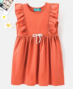 Tiara Frilled Sleeveless Abstract Printed Pintuck Dress - Orange