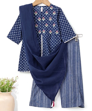 Babyhug 100% Cotton Full Sleeves Kurti & Palazzo With Dupatta Floral Print & Embroidery- Indigo