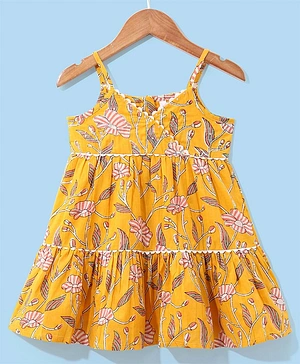 Babyhug 100% Cotton Woven Printed Overlap Ethnic Dress With Sequine Detailing - Yellow