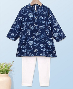 Babyhug 100% Cotton Woven Full Sleeves Kurta with Payjama Set Floral Print - Blue