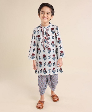 Babyhug 100% Cotton Full Sleeves Woven Floral Printed Kurta with Chevron Printed Dhoti Set - White