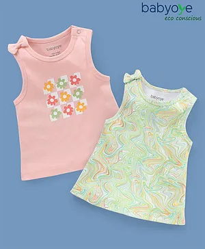 Babyoye Eco-Conscious 100% Cotton Eco Jiva Sleeveless Tee Marble and Floral Print Pack of 2 - Green & Pink