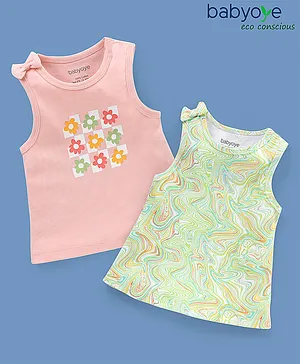 Babyoye Eco-Conscious 100% Cotton Eco Jiva Sleeveless Tee Marble and Floral Print Pack of 2 - Green & Pink
