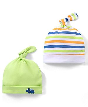 Babyhug 100% Cotton Solid & Striped Cap Pack of 2  Green - Diameter 10cm