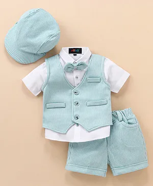 Robo Fry Cotton Knit Half Sleeves Striped Party Suit with Bow Tie & Cap - Blue